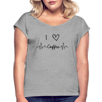 Frauen T-Shirt mit gerollten Ärmeln - I love Coffee - Grau meliert