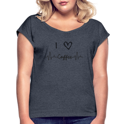 Frauen T-Shirt mit gerollten Ärmeln - I love Coffee - Navy meliert