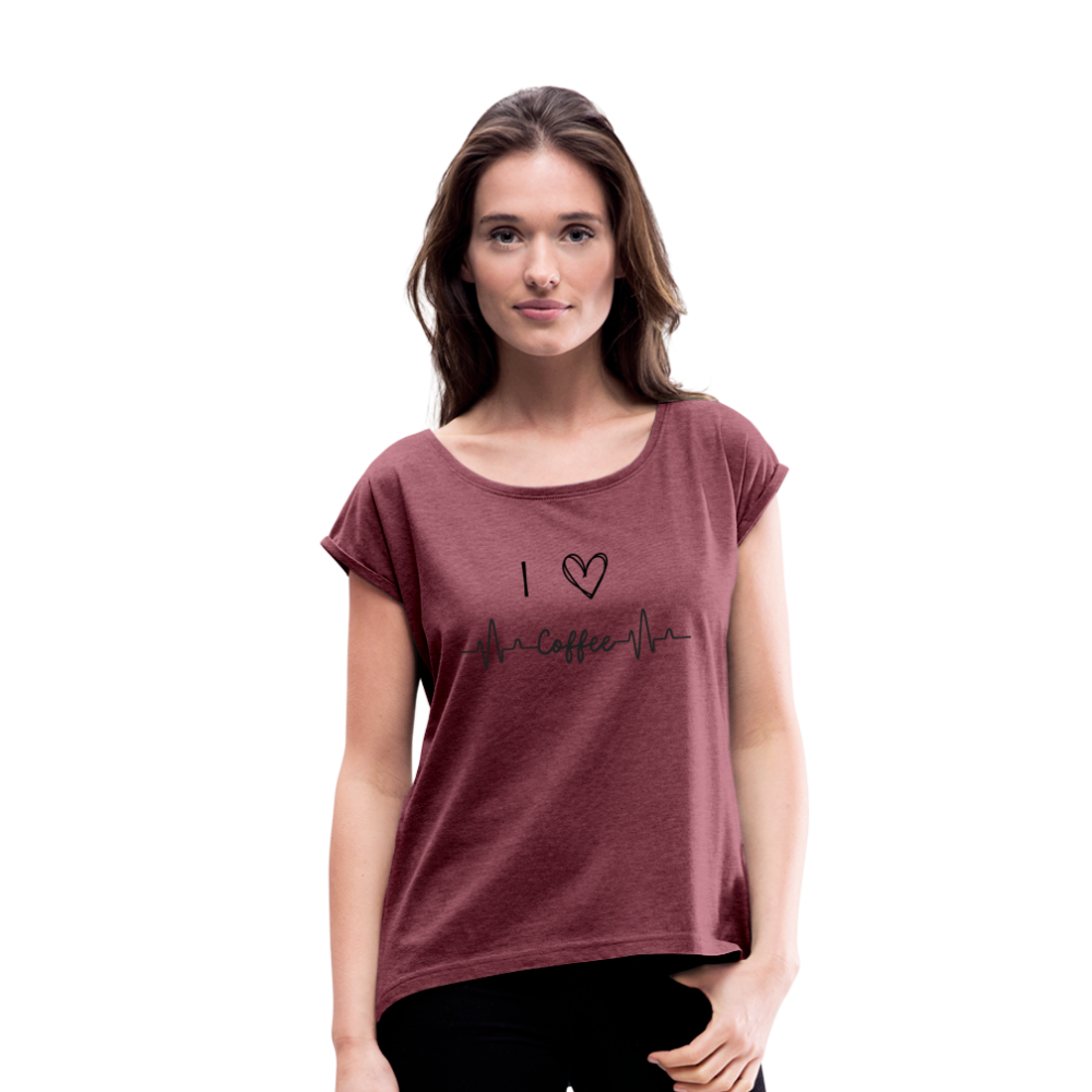 Frauen T-Shirt mit gerollten Ärmeln - I love Coffee - Bordeauxrot meliert