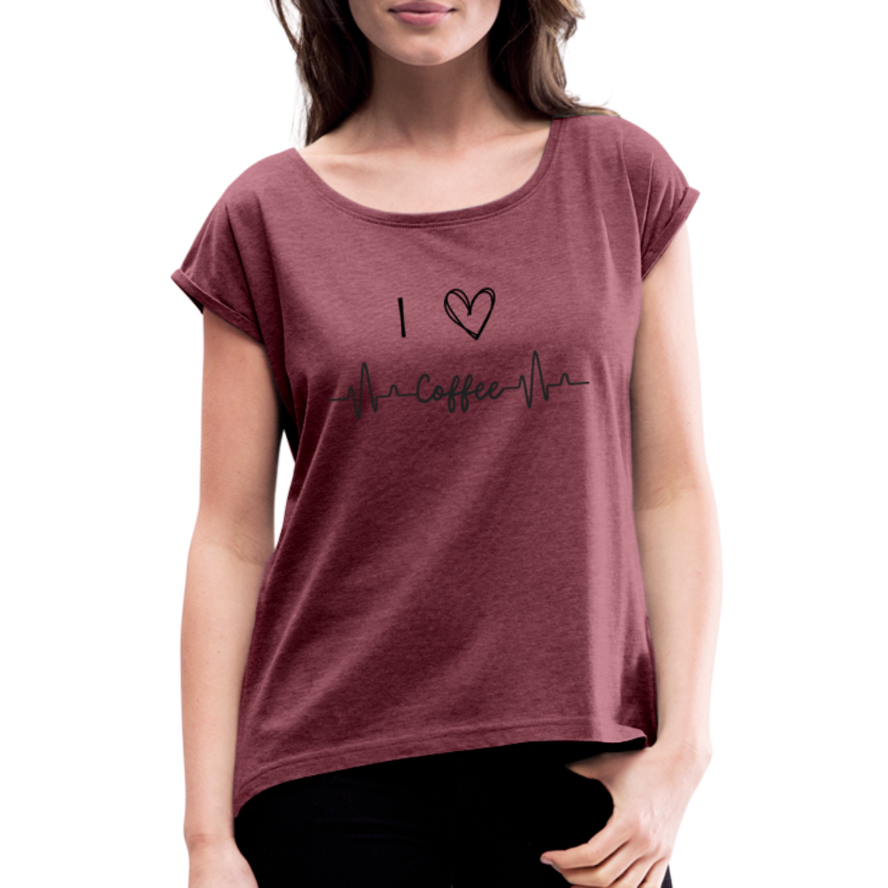 Frauen T-Shirt mit gerollten Ärmeln - I love Coffee - Bordeauxrot meliert