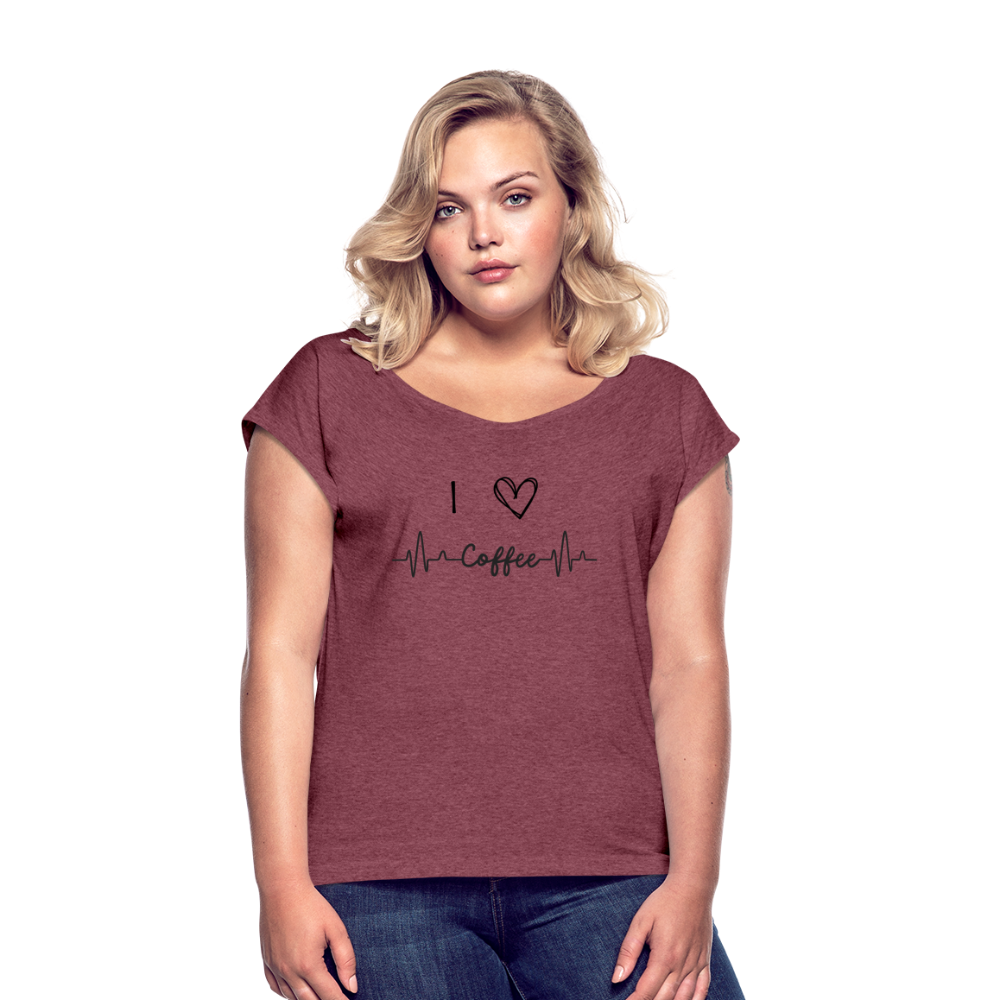 Frauen T-Shirt mit gerollten Ärmeln - I love Coffee - Bordeauxrot meliert