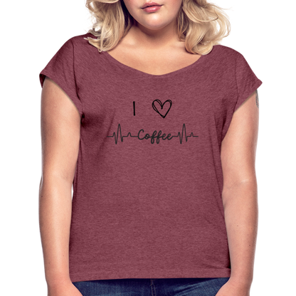 Frauen T-Shirt mit gerollten Ärmeln - I love Coffee - Bordeauxrot meliert