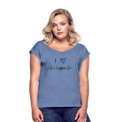 Frauen T-Shirt mit gerollten Ärmeln - I love Coffee - Denim meliert