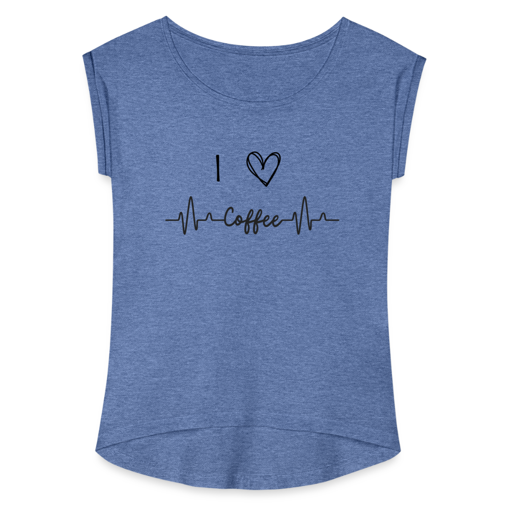 Frauen T-Shirt mit gerollten Ärmeln - I love Coffee - Denim meliert