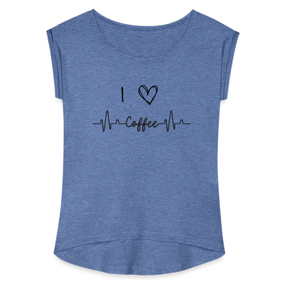 Frauen T-Shirt mit gerollten Ärmeln - I love Coffee - Denim meliert