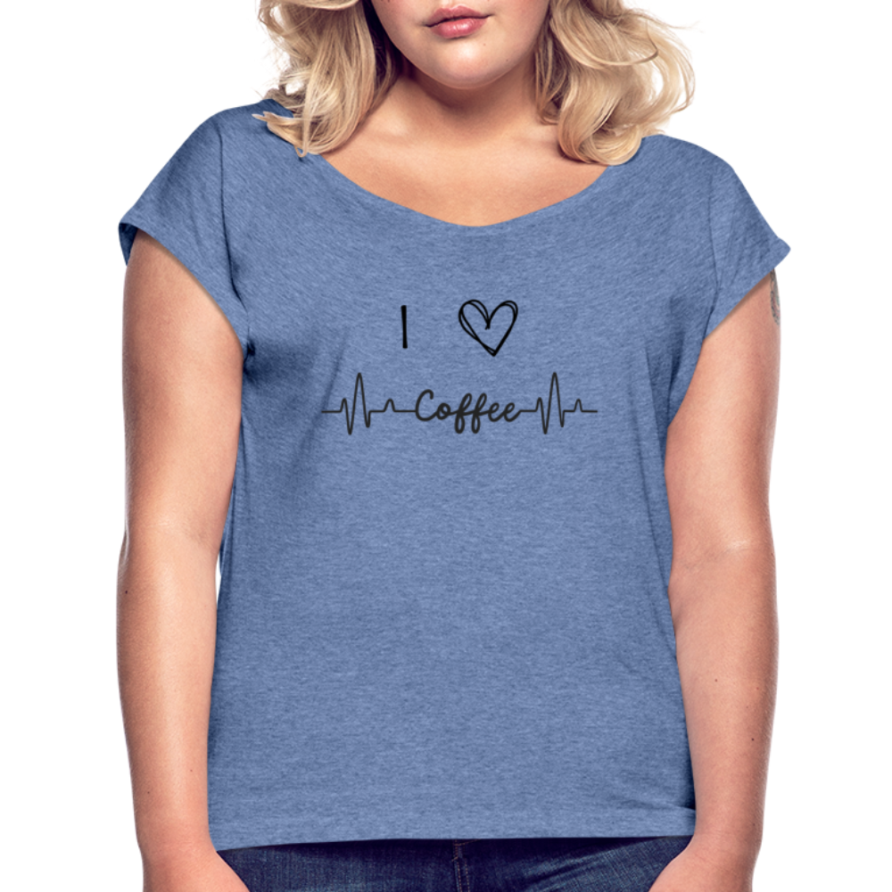 Frauen T-Shirt mit gerollten Ärmeln - I love Coffee - Denim meliert