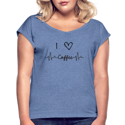 Frauen T-Shirt mit gerollten Ärmeln - I love Coffee - Denim meliert