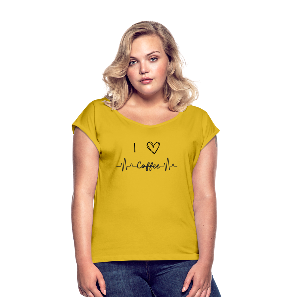 Frauen T-Shirt mit gerollten Ärmeln - I love Coffee - Senfgelb