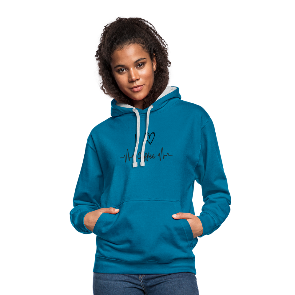 Kontrast-Hoodie - I Love Coffee - Pfauenblau/Grau meliert