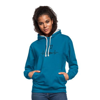 Kontrast-Hoodie - I Love Coffee - Pfauenblau/Grau meliert