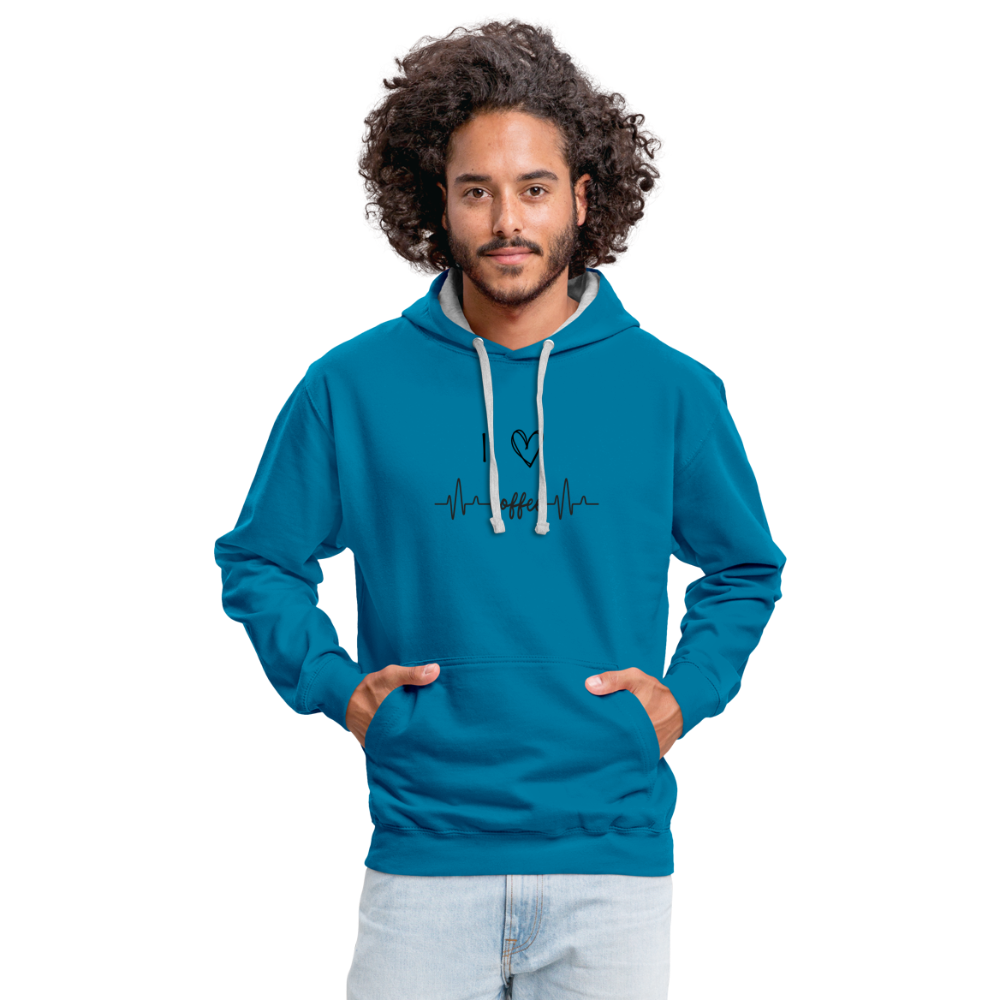 Kontrast-Hoodie - I Love Coffee - Pfauenblau/Grau meliert