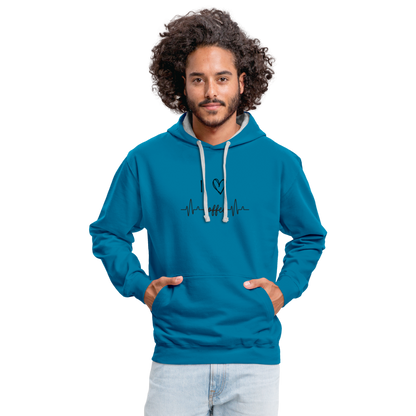 Kontrast-Hoodie - I Love Coffee - Pfauenblau/Grau meliert