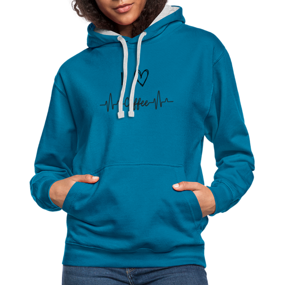 Kontrast-Hoodie - I Love Coffee - Pfauenblau/Grau meliert