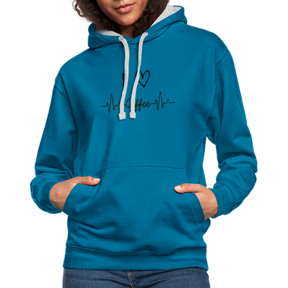 Kontrast-Hoodie - I Love Coffee - Pfauenblau/Grau meliert