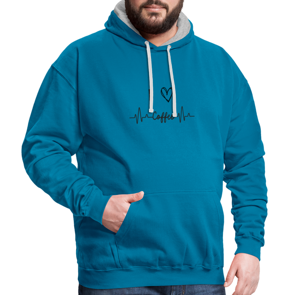 Kontrast-Hoodie - I Love Coffee - Pfauenblau/Grau meliert