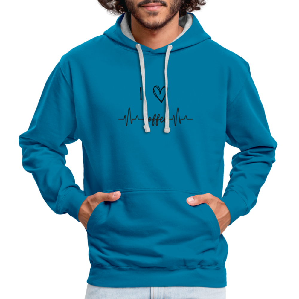 Kontrast-Hoodie - I Love Coffee - Pfauenblau/Grau meliert