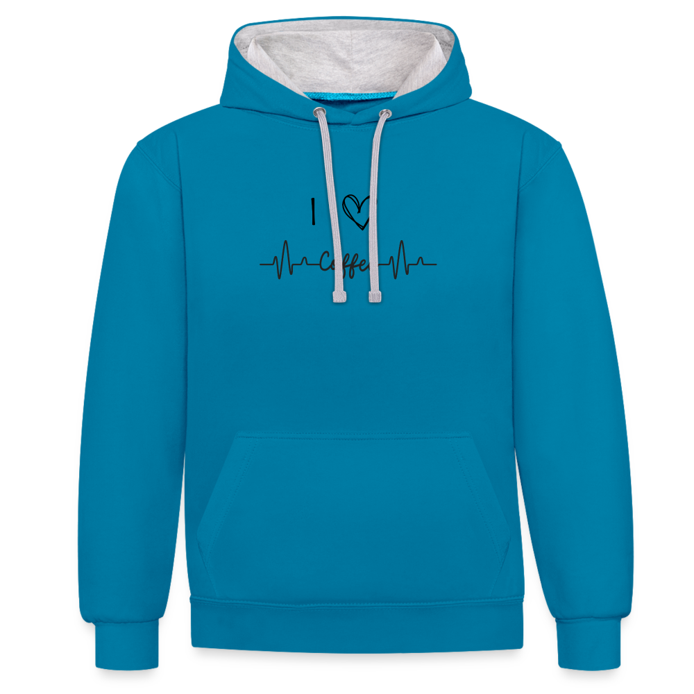 Kontrast-Hoodie - I Love Coffee - Pfauenblau/Grau meliert