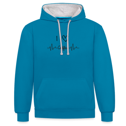 Kontrast-Hoodie - I Love Coffee - Pfauenblau/Grau meliert