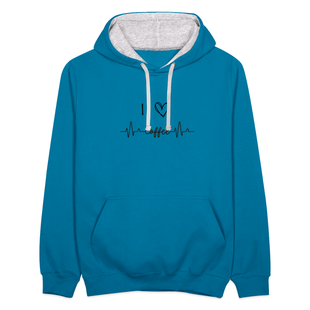 Kontrast-Hoodie - I Love Coffee - Pfauenblau/Grau meliert