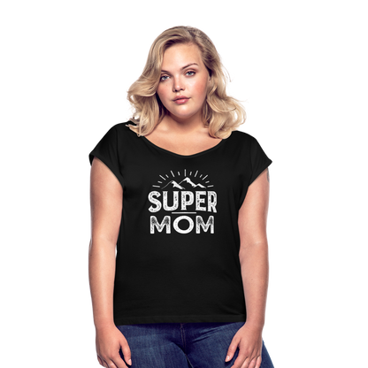 Frauen T-Shirt mit gerollten Ärmeln - Super Mom - Schwarz