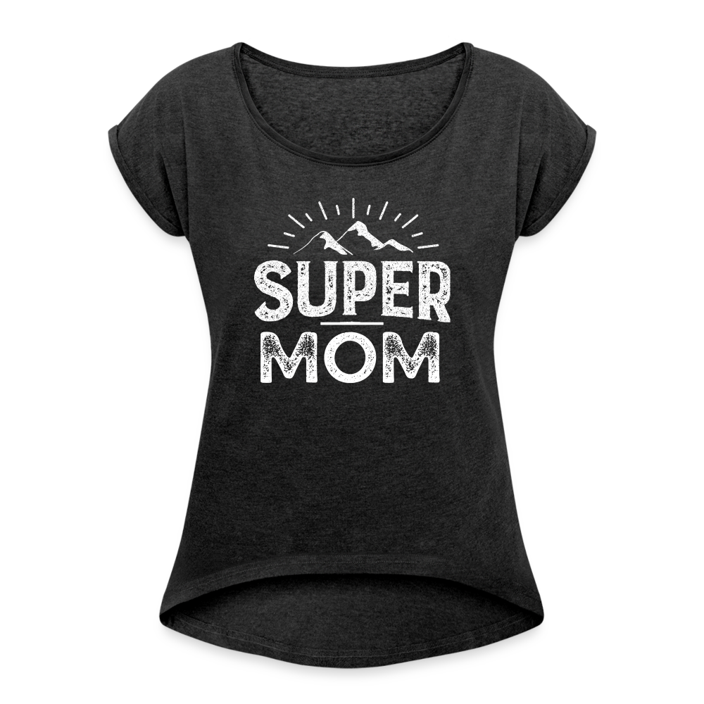 Frauen T-Shirt mit gerollten Ärmeln - Super Mom - Schwarz meliert