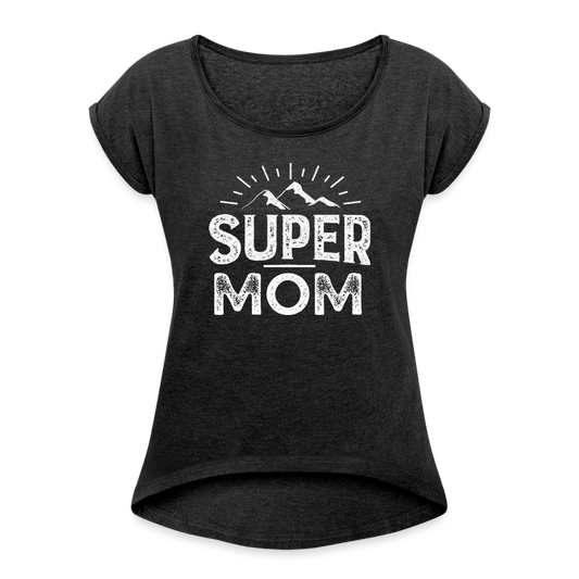 Frauen T-Shirt mit gerollten Ärmeln - Super Mom - Schwarz meliert