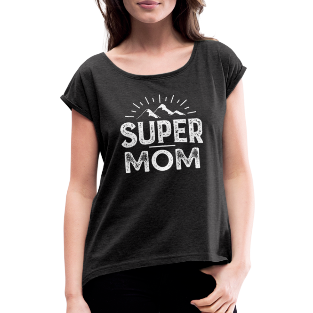 Frauen T-Shirt mit gerollten Ärmeln - Super Mom - Schwarz meliert