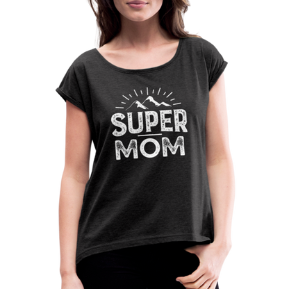 Frauen T-Shirt mit gerollten Ärmeln - Super Mom - Schwarz meliert