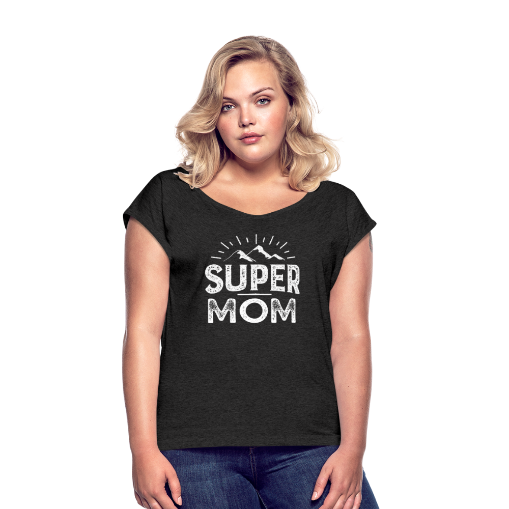 Frauen T-Shirt mit gerollten Ärmeln - Super Mom - Schwarz meliert