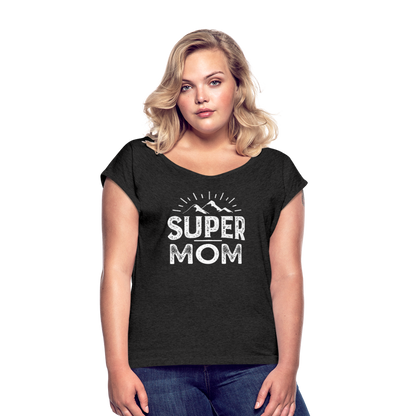 Frauen T-Shirt mit gerollten Ärmeln - Super Mom - Schwarz meliert