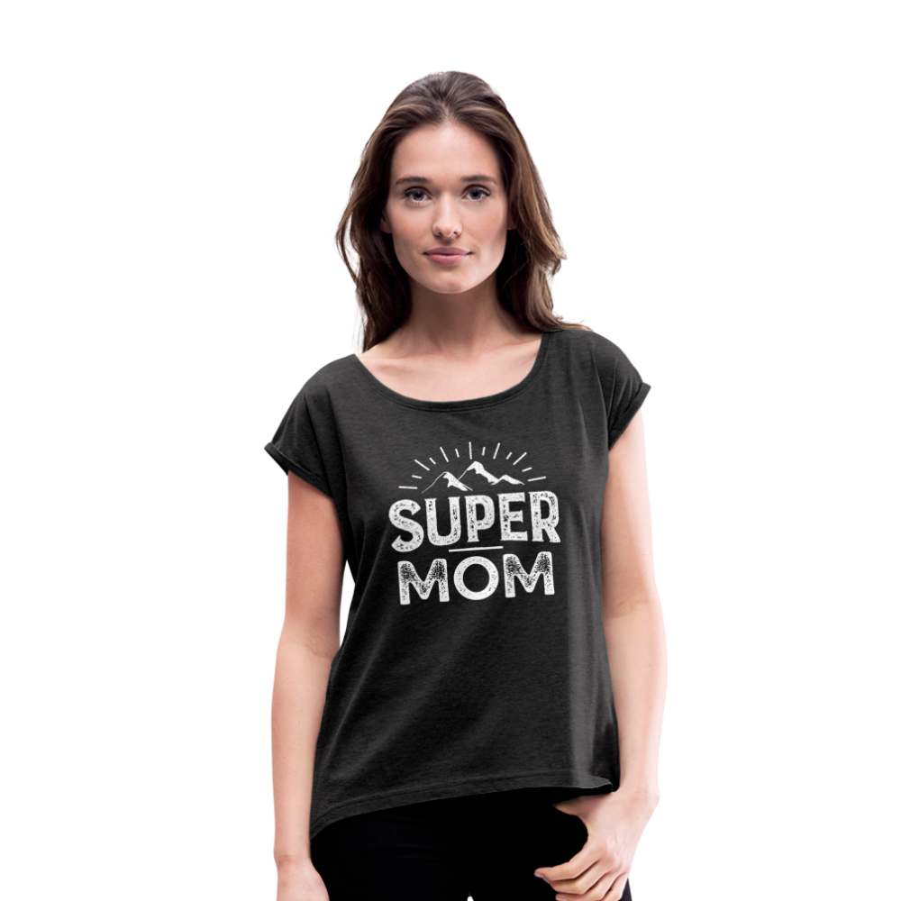 Frauen T-Shirt mit gerollten Ärmeln - Super Mom - Schwarz meliert