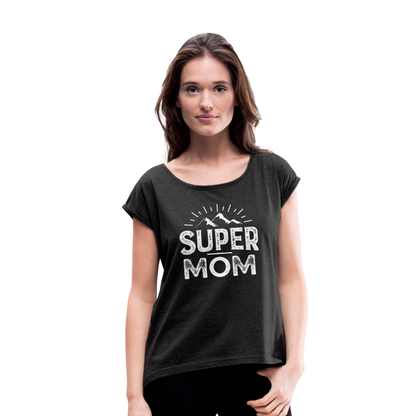 Frauen T-Shirt mit gerollten Ärmeln - Super Mom - Schwarz meliert