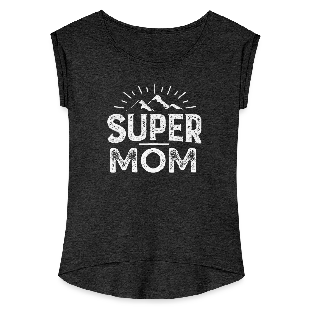 Frauen T-Shirt mit gerollten Ärmeln - Super Mom - Schwarz meliert