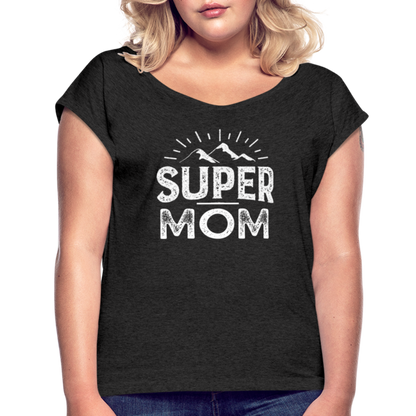 Frauen T-Shirt mit gerollten Ärmeln - Super Mom - Schwarz meliert