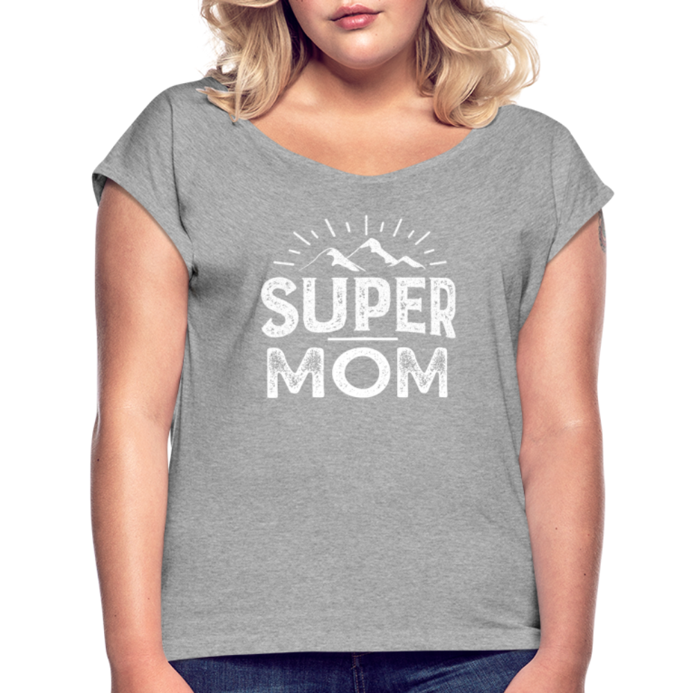 Frauen T-Shirt mit gerollten Ärmeln - Super Mom - Grau meliert