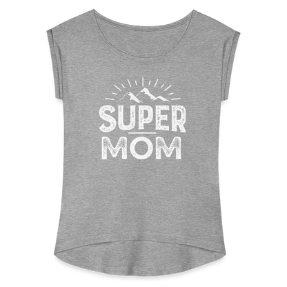 Frauen T-Shirt mit gerollten Ärmeln - Super Mom - Grau meliert