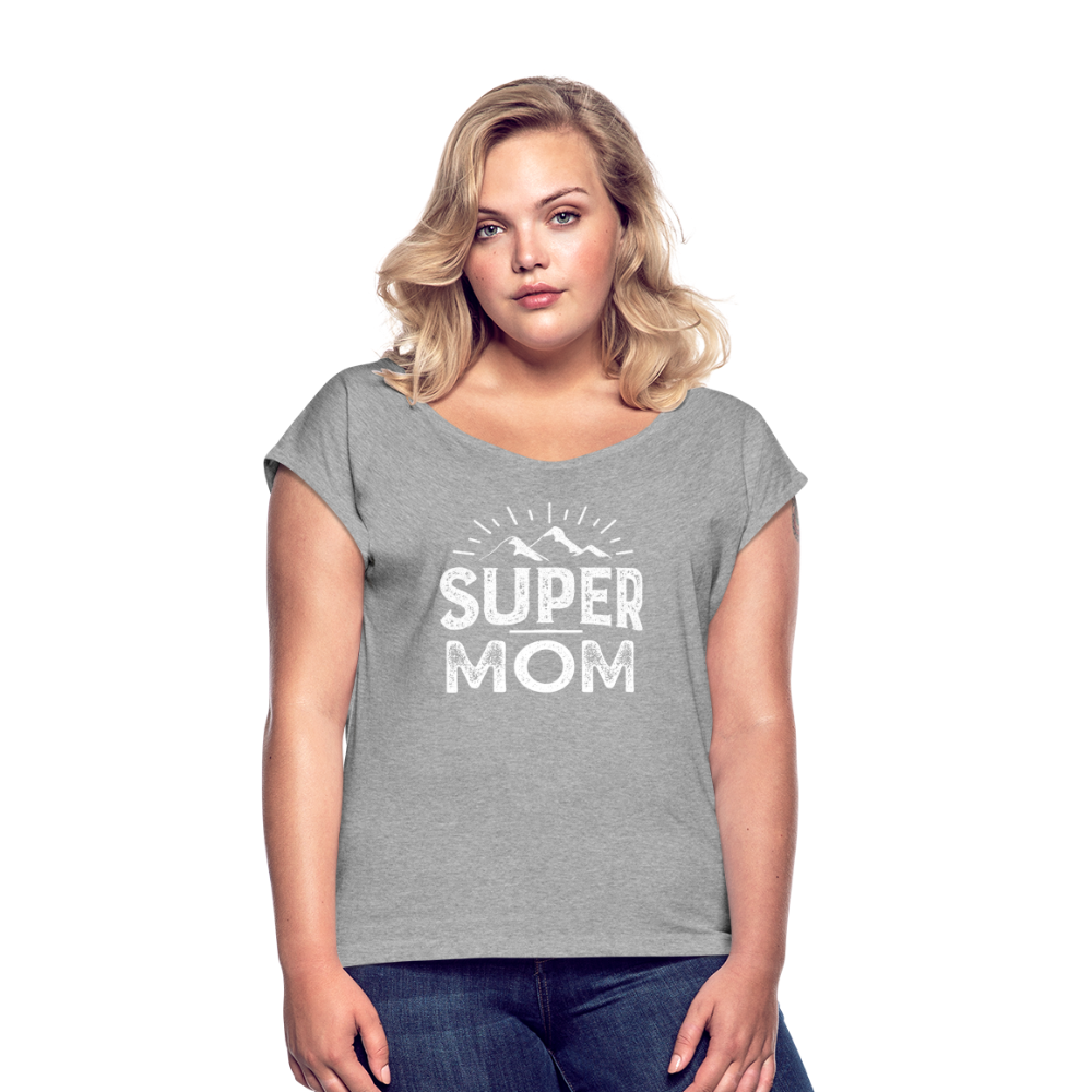 Frauen T-Shirt mit gerollten Ärmeln - Super Mom - Grau meliert