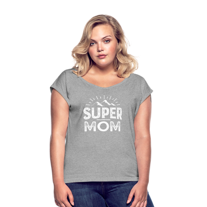 Frauen T-Shirt mit gerollten Ärmeln - Super Mom - Grau meliert