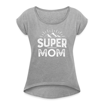 Frauen T-Shirt mit gerollten Ärmeln - Super Mom - Grau meliert