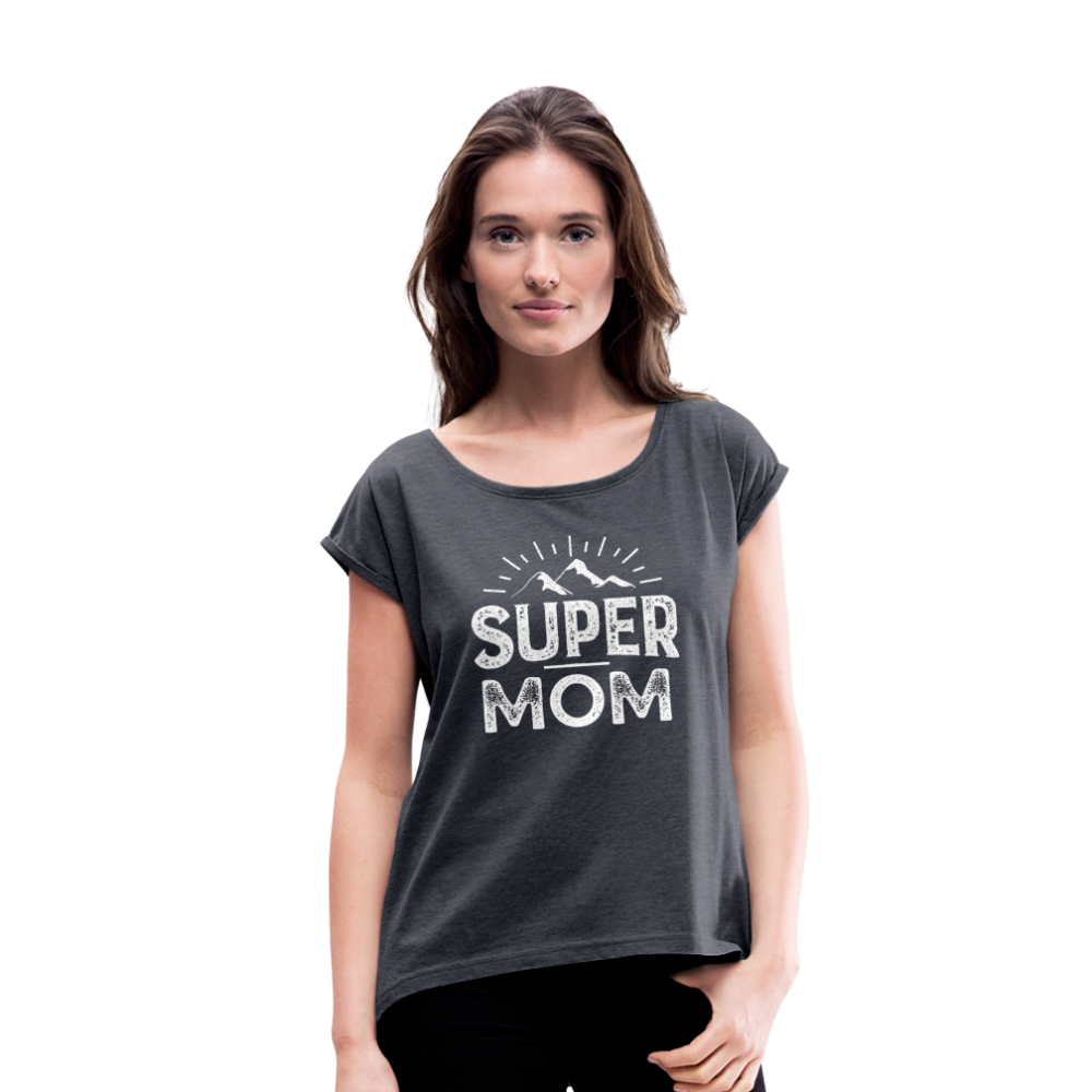 Frauen T-Shirt mit gerollten Ärmeln - Super Mom - Navy meliert