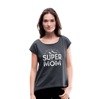 Frauen T-Shirt mit gerollten Ärmeln - Super Mom - Navy meliert