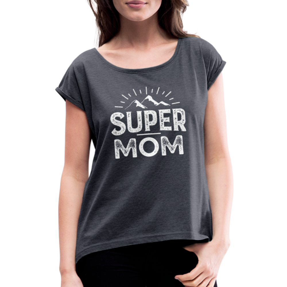 Frauen T-Shirt mit gerollten Ärmeln - Super Mom - Navy meliert