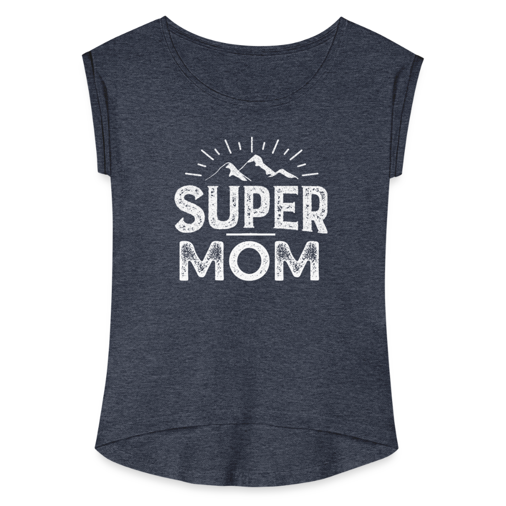 Frauen T-Shirt mit gerollten Ärmeln - Super Mom - Navy meliert