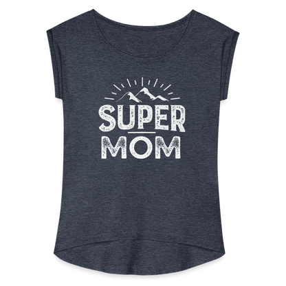 Frauen T-Shirt mit gerollten Ärmeln - Super Mom - Navy meliert