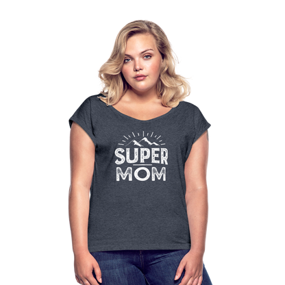 Frauen T-Shirt mit gerollten Ärmeln - Super Mom - Navy meliert