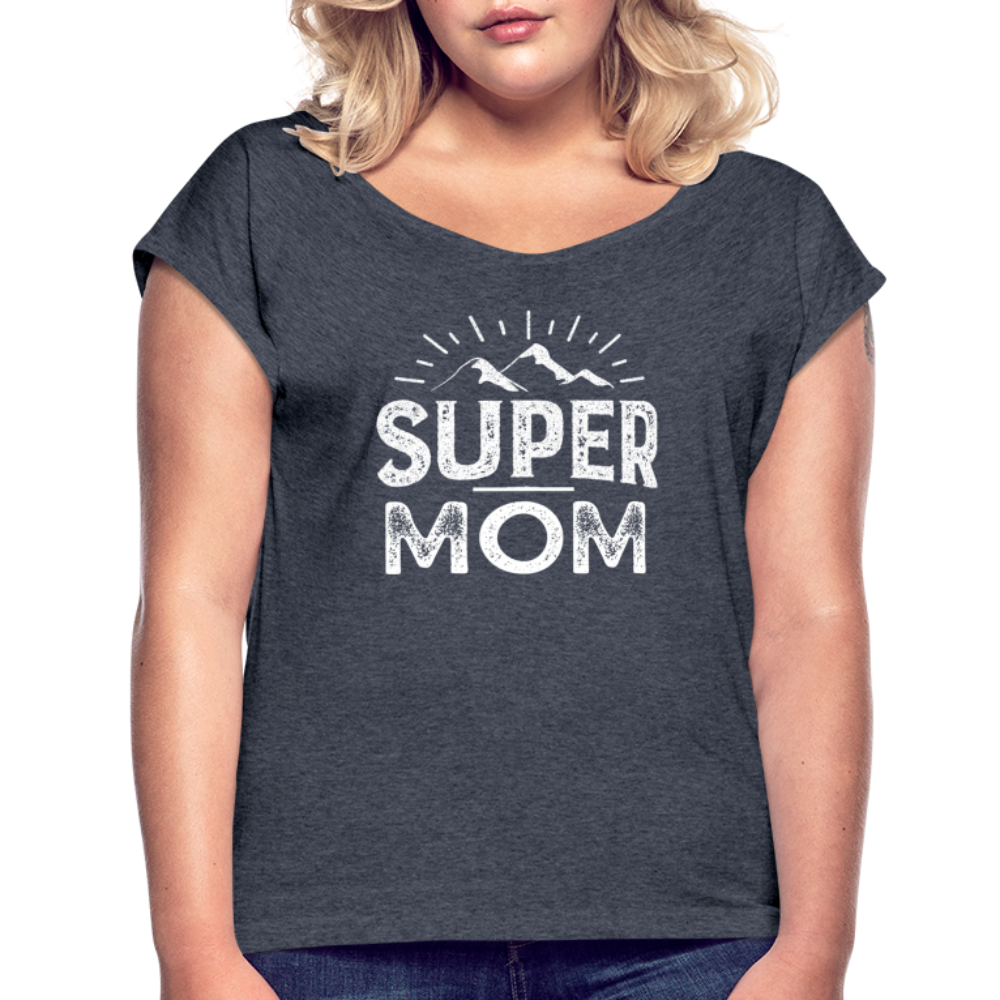 Frauen T-Shirt mit gerollten Ärmeln - Super Mom - Navy meliert