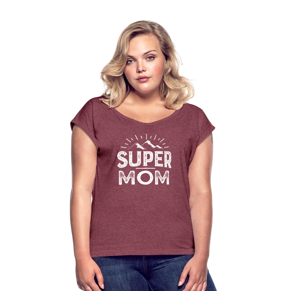 Frauen T-Shirt mit gerollten Ärmeln - Super Mom - Bordeauxrot meliert