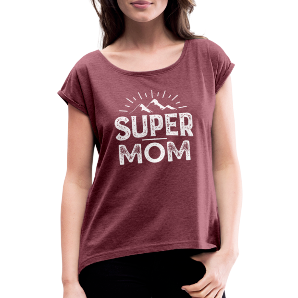 Frauen T-Shirt mit gerollten Ärmeln - Super Mom - Bordeauxrot meliert