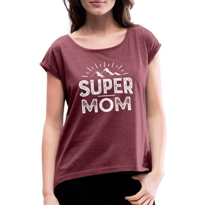 Frauen T-Shirt mit gerollten Ärmeln - Super Mom - Bordeauxrot meliert