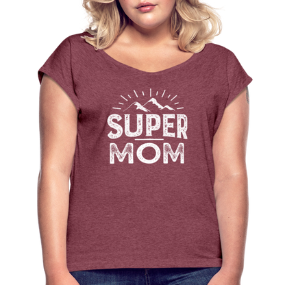 Frauen T-Shirt mit gerollten Ärmeln - Super Mom - Bordeauxrot meliert